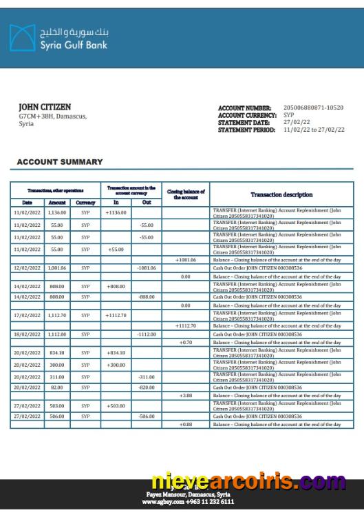 Syria Gulf Bank proof of address statement in Word and PDF format, .doc and .pdf  format